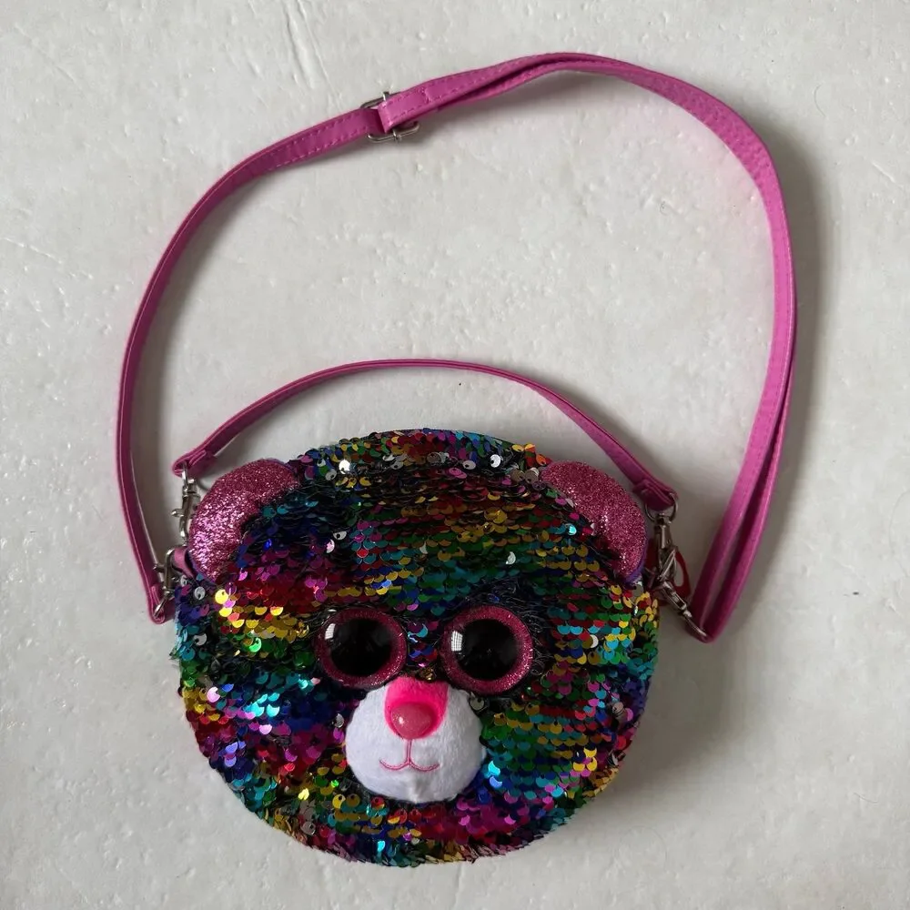 TY Beanie Boo Bear Rainbow Flip Sequin Plush Purse